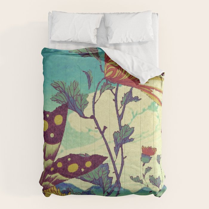 Ocean Behind Flowers at Zijhin  - Nature Ukiyo Landscape in Nature Ukiyo Landscape in Blue, Yellow, Gold, Green, Red and Orange Comforter Gallery Image 6