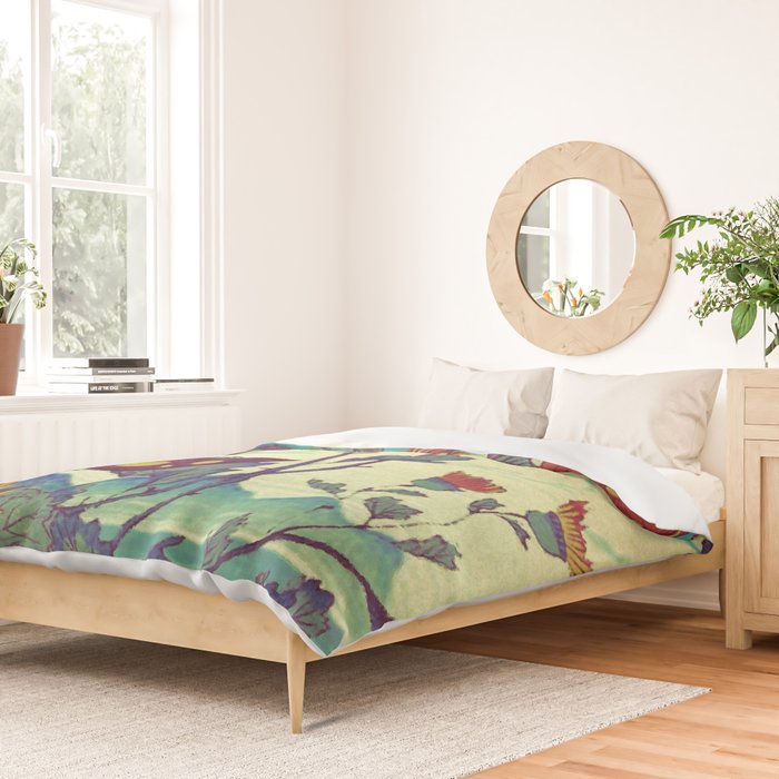 Ocean Behind Flowers at Zijhin  - Nature Ukiyo Landscape in Nature Ukiyo Landscape in Blue, Yellow, Gold, Green, Red and Orange Duvet Cover Gallery Image 2
