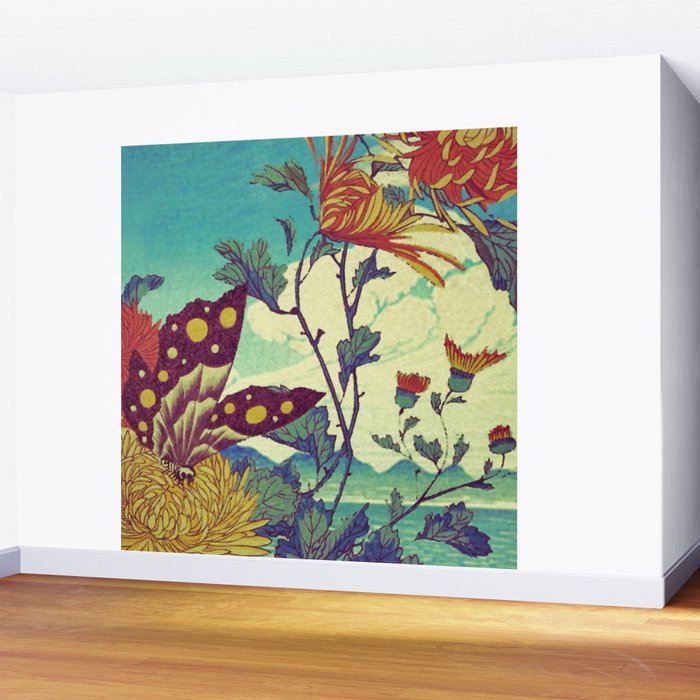 Ocean Behind Flowers at Zijhin  - Nature Ukiyo Landscape in Nature Ukiyo Landscape in Blue, Yellow, Gold, Green, Red and Orange Wall Mural Gallery Image 2