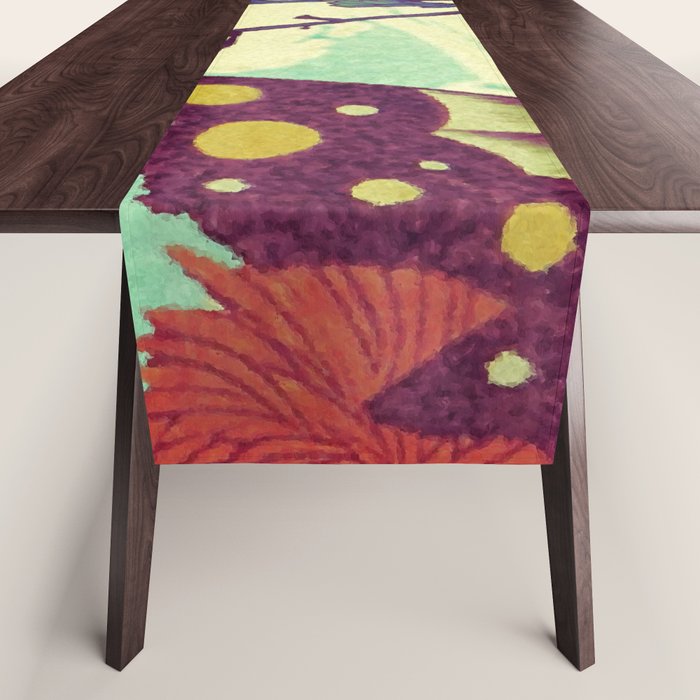 Ocean Behind Flowers at Zijhin  - Nature Ukiyo Landscape in Nature Ukiyo Landscape in Blue, Yellow, Gold, Green, Red and Orange Table Runner Gallery Image 1