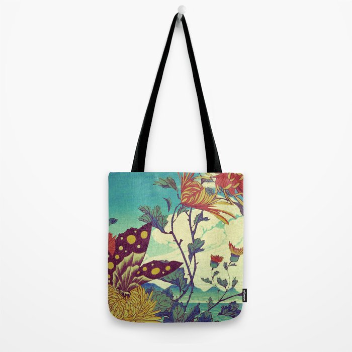 Ocean Behind Flowers at Zijhin  - Nature Ukiyo Landscape in Nature Ukiyo Landscape in Blue, Yellow, Gold, Green, Red and Orange Tote Bag Gallery Image 2