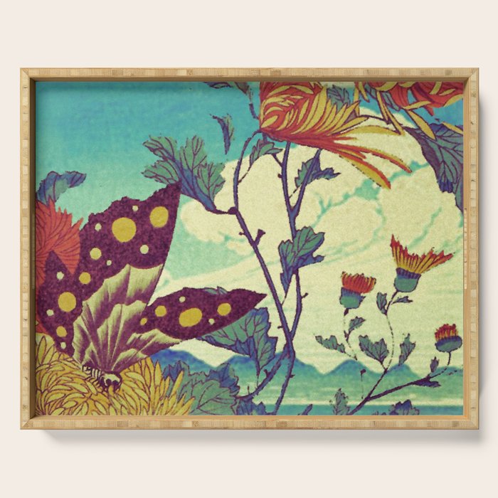 Ocean Behind Flowers at Zijhin  - Nature Ukiyo Landscape in Nature Ukiyo Landscape in Blue, Yellow, Gold, Green, Red and Orange Serving Tray Gallery Image 1