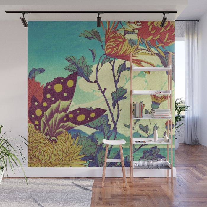 Ocean Behind Flowers at Zijhin  - Nature Ukiyo Landscape in Nature Ukiyo Landscape in Blue, Yellow, Gold, Green, Red and Orange Wall Mural Gallery Image 1
