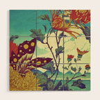 Ocean Behind Flowers at Zijhin  - Nature Ukiyo Landscape in Nature Ukiyo Landscape in Blue, Yellow, Gold, Green, Red and Orange Wood Wall Art Gallery Image 1