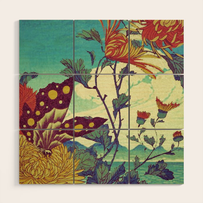 Ocean Behind Flowers at Zijhin  - Nature Ukiyo Landscape in Nature Ukiyo Landscape in Blue, Yellow, Gold, Green, Red and Orange Wood Wall Art Gallery Image 1