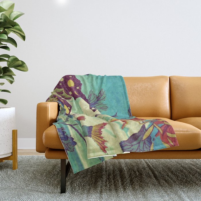 Ocean Behind Flowers at Zijhin  - Nature Ukiyo Landscape in Nature Ukiyo Landscape in Blue, Yellow, Gold, Green, Red and Orange Throw Blanket Gallery Image 1