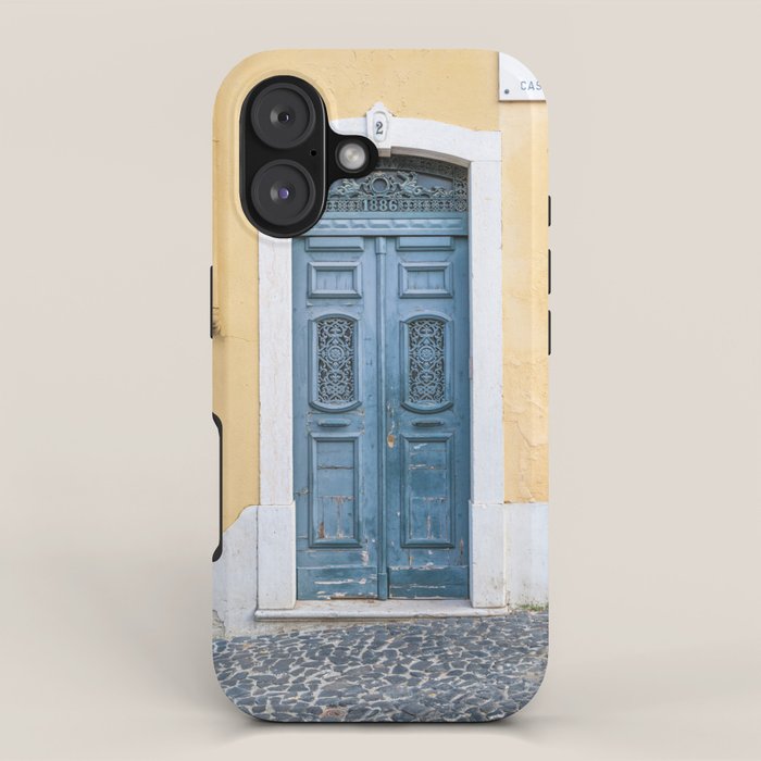 The blue door number 2 in Lisbon Portugal  Summer street and travel photography iPhone Case Gallery Image 1