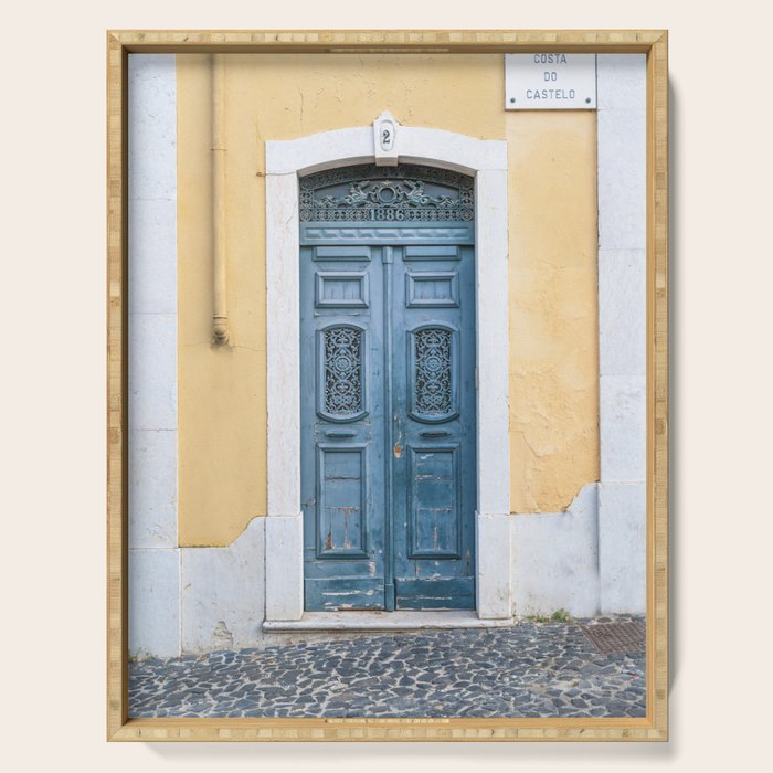 The blue door number 2 in Lisbon Portugal  Summer street and travel photography Serving Tray Gallery Image 1