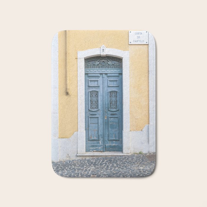 The blue door number 2 in Lisbon Portugal  Summer street and travel photography Bath Mat Gallery Image 1