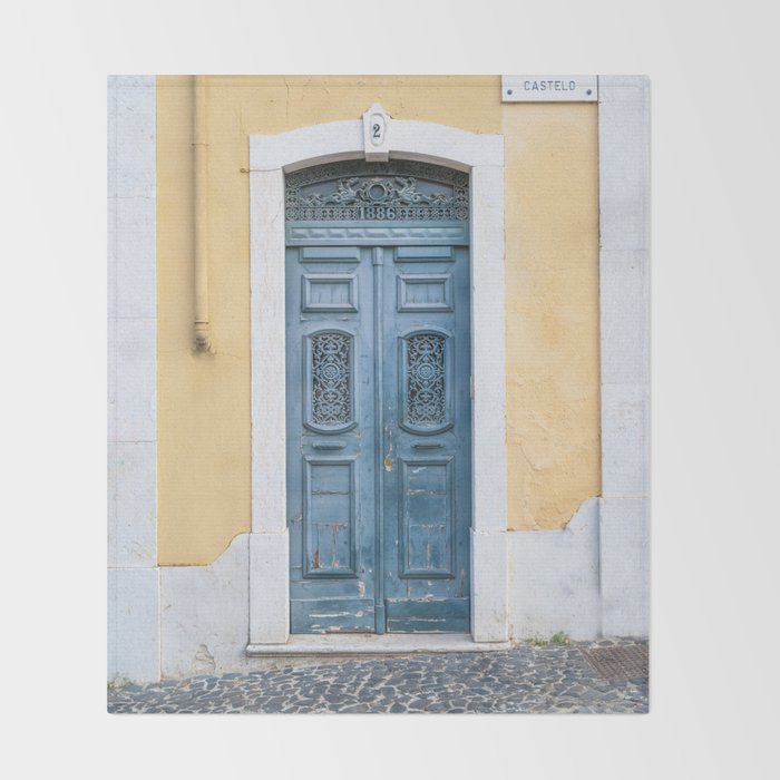 The blue door number 2 in Lisbon Portugal  Summer street and travel photography Throw Blanket Gallery Image 2