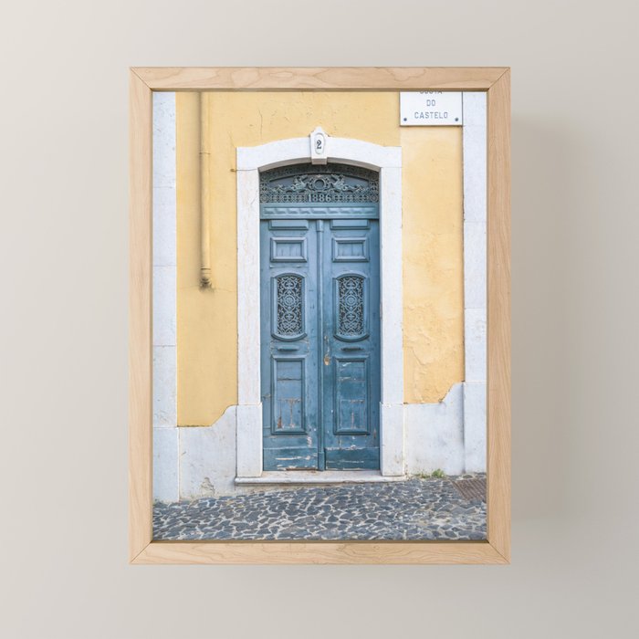 The blue door number 2 in Lisbon Portugal  Summer street and travel photography Mini Art Print Gallery Image 1