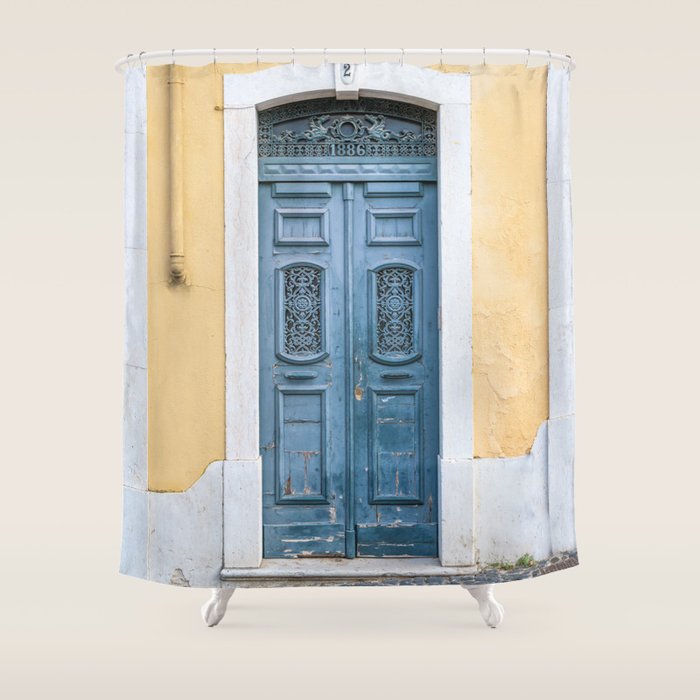 The blue door number 2 in Lisbon Portugal  Summer street and travel photography Shower Curtain Gallery Image 1
