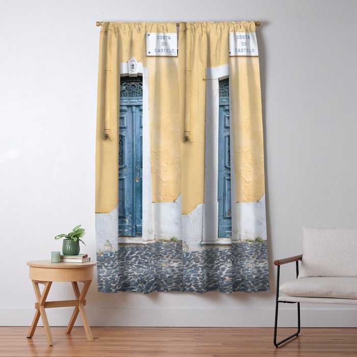 The blue door number 2 in Lisbon Portugal  Summer street and travel photography Window Curtain