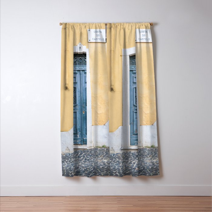 The blue door number 2 in Lisbon Portugal  Summer street and travel photography Window Curtain Gallery Image 3