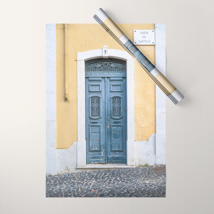 The blue door number 2 in Lisbon Portugal  Summer street and travel photography Wrapping Paper Gallery Image 1
