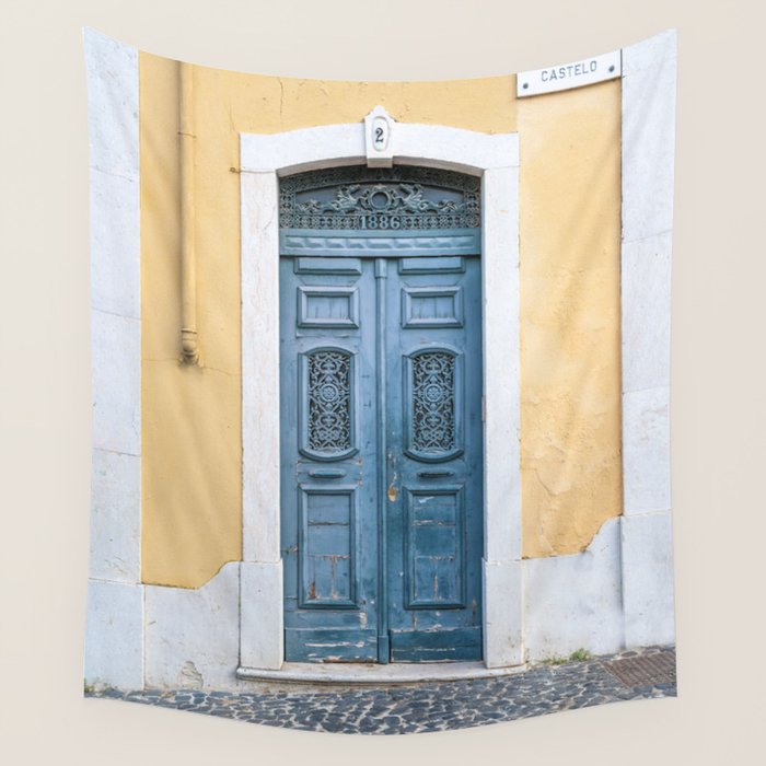 The blue door number 2 in Lisbon Portugal  Summer street and travel photography Wall Tapestry Gallery Image 4