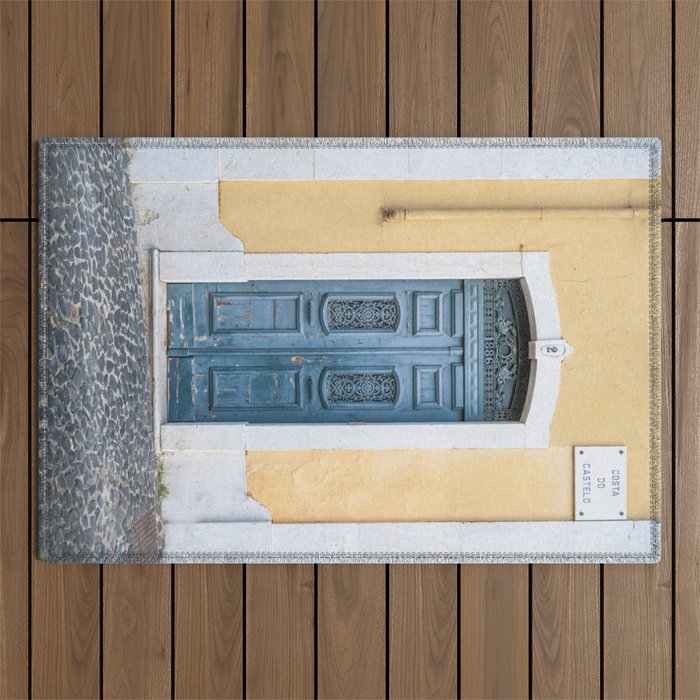 The blue door number 2 in Lisbon Portugal  Summer street and travel photography Outdoor Rug Gallery Image 1