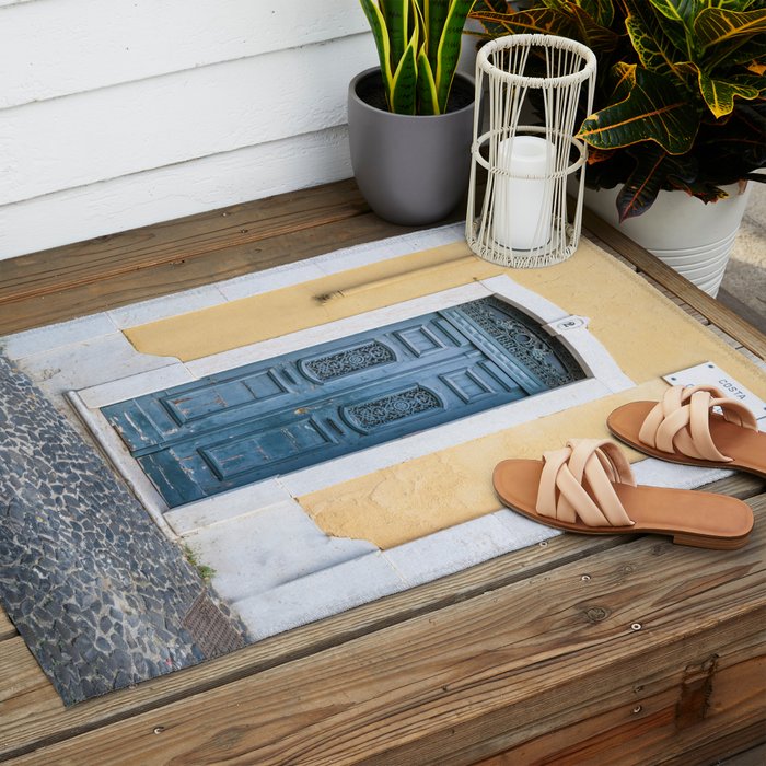 The blue door number 2 in Lisbon Portugal  Summer street and travel photography Outdoor Rug Gallery Image 2