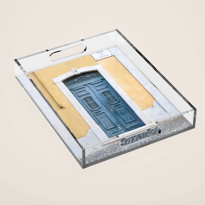 The blue door number 2 in Lisbon Portugal  Summer street and travel photography Acrylic Tray Gallery Image 1