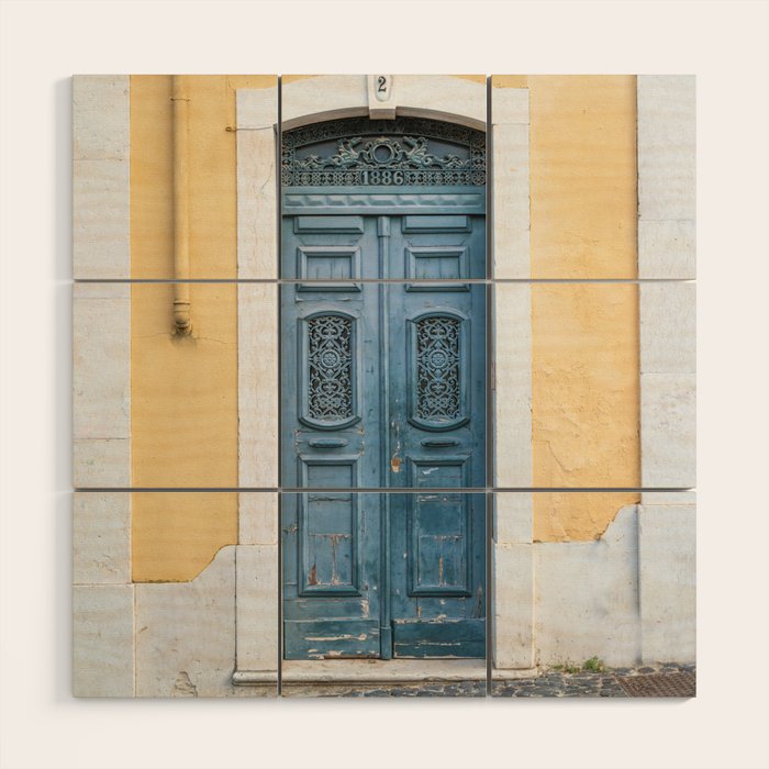 The blue door number 2 in Lisbon Portugal  Summer street and travel photography Wood Wall Art Gallery Image 1