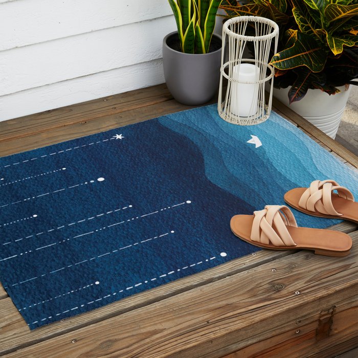 Falling stars, blue, sailboat, ocean Outdoor Rug Gallery Image 2