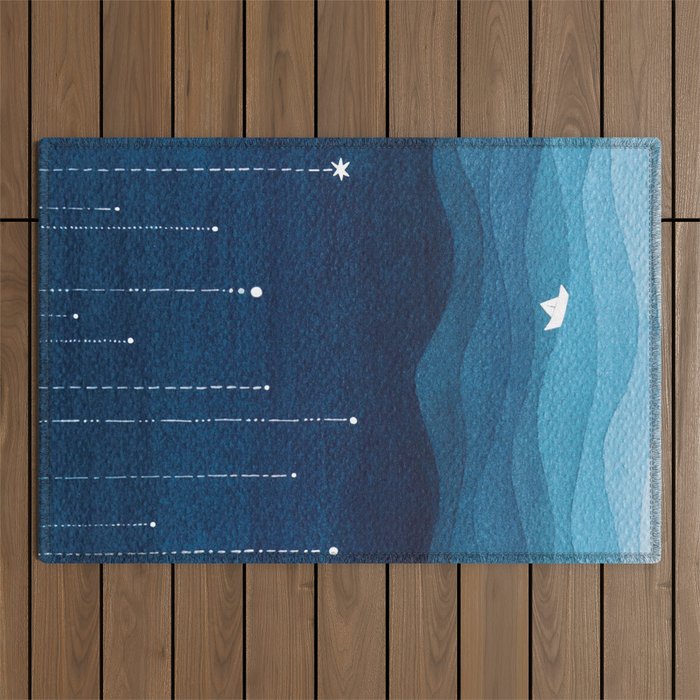Falling stars, blue, sailboat, ocean Outdoor Rug Gallery Image 1