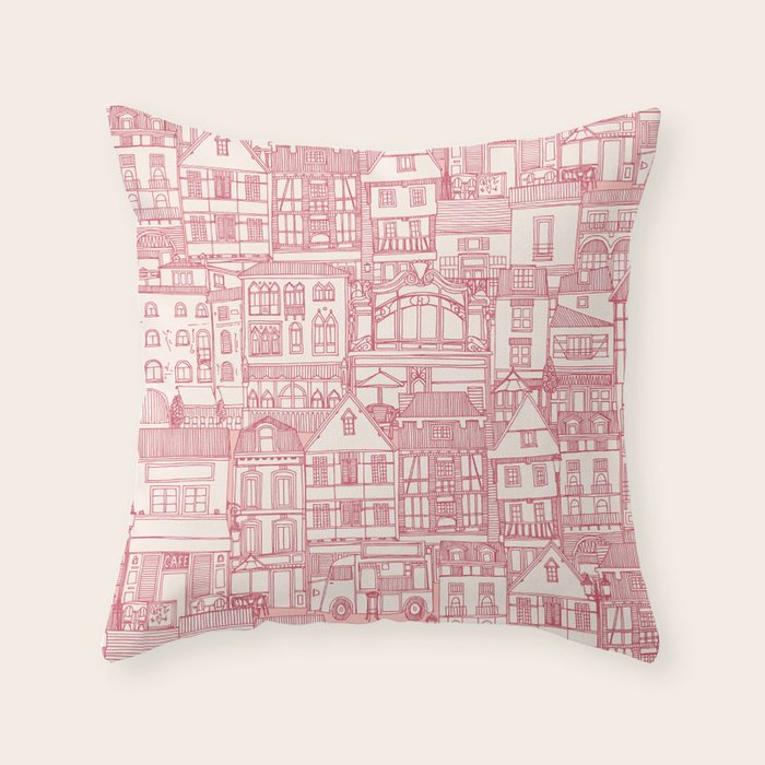 cafe buildings pink Throw Pillow Gallery Image 1