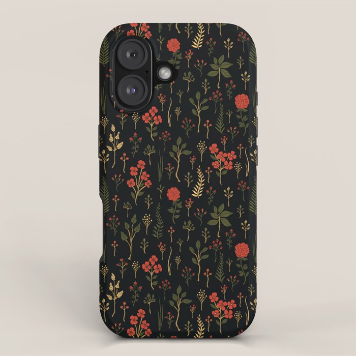 Green, Red-Orange, and Black Floral/Botanical Print iPhone Case Gallery Image 1
