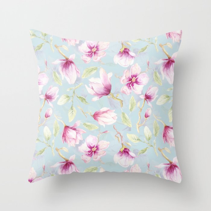 Hygge Hand Painted Watercolor Magnolia Blossoms Throw Pillow Gallery Image 1