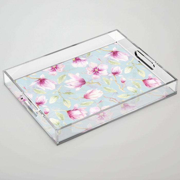 Hygge Hand Painted Watercolor Magnolia Blossoms Acrylic Tray Gallery Image 1