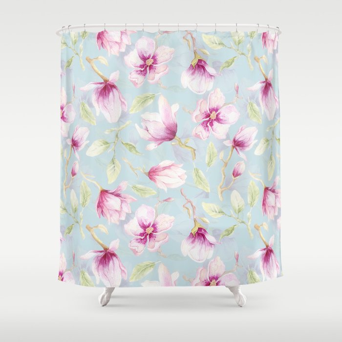 Hygge Hand Painted Watercolor Magnolia Blossoms Shower Curtain Gallery Image 1