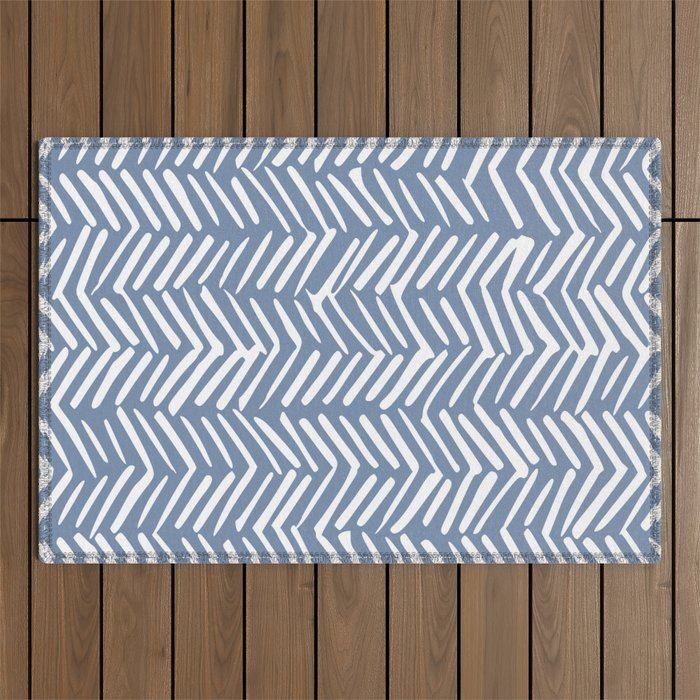 Abstract Herringbone Pattern, Rustic, Blue and White Outdoor Rug Gallery Image 1