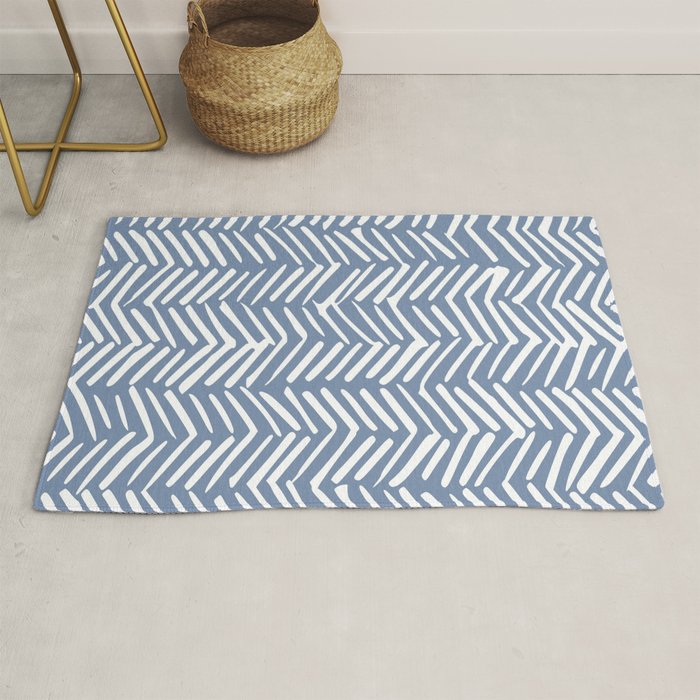 Abstract Herringbone Pattern, Rustic, Blue and White Rug Gallery Image 1
