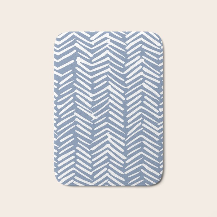 Abstract Herringbone Pattern, Rustic, Blue and White Bath Mat Gallery Image 1
