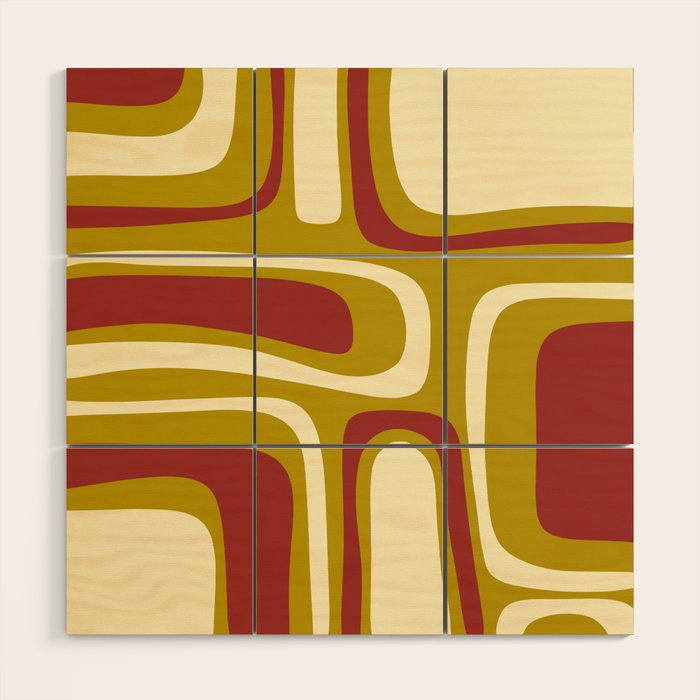Mid-Century Modern Abstract Palm Springs Pattern in Chartreuse Maroon Cream Wood Wall Art Gallery Image 1