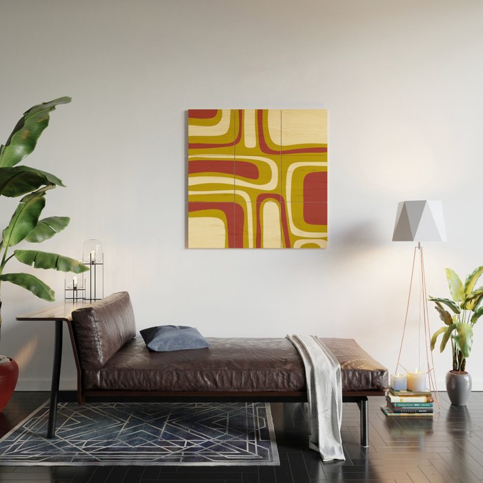 Mid-Century Modern Abstract Palm Springs Pattern in Chartreuse Maroon Cream Wood Wall Art Gallery Image 2