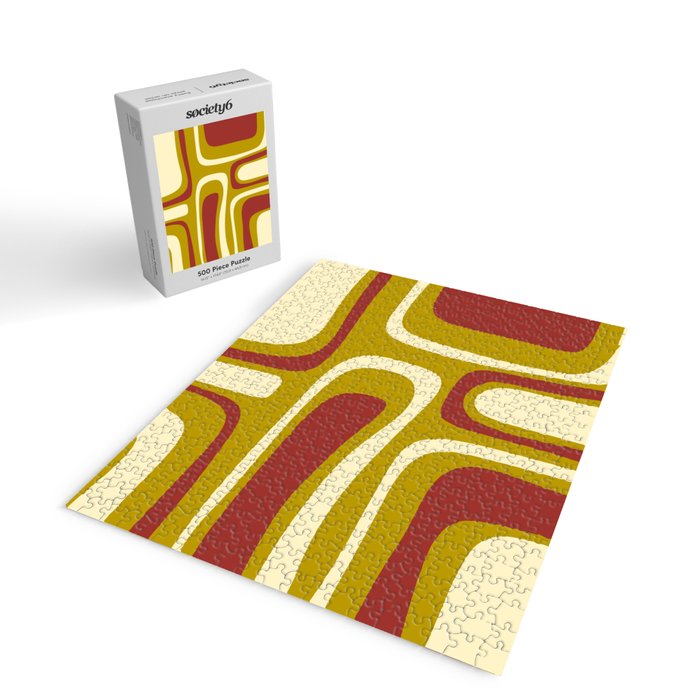 Mid-Century Modern Abstract Palm Springs Pattern in Chartreuse Maroon Cream Jigsaw Puzzle Gallery Image 2