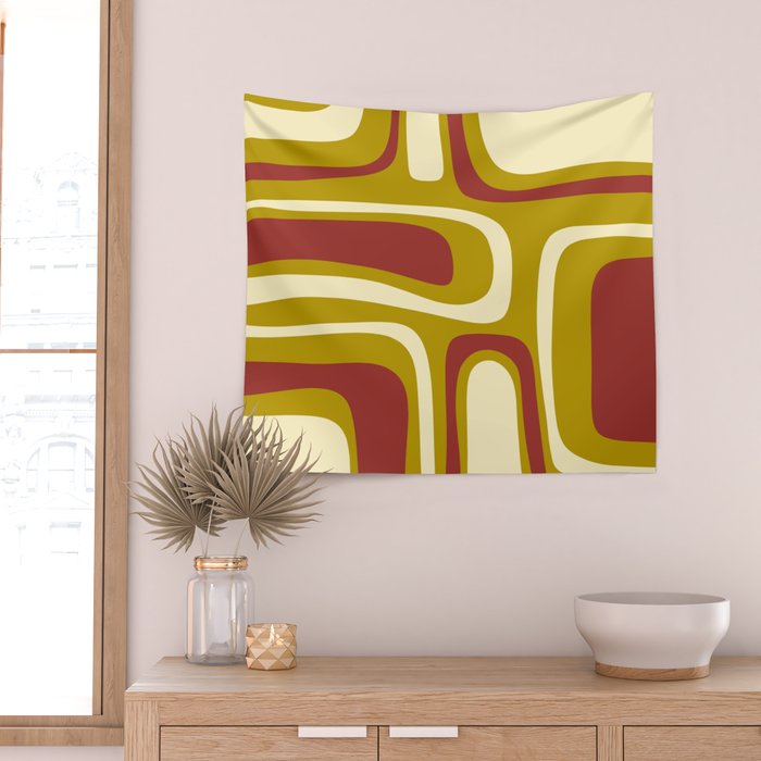 Mid-Century Modern Abstract Palm Springs Pattern in Chartreuse Maroon Cream Wall Tapestry Gallery Image 2