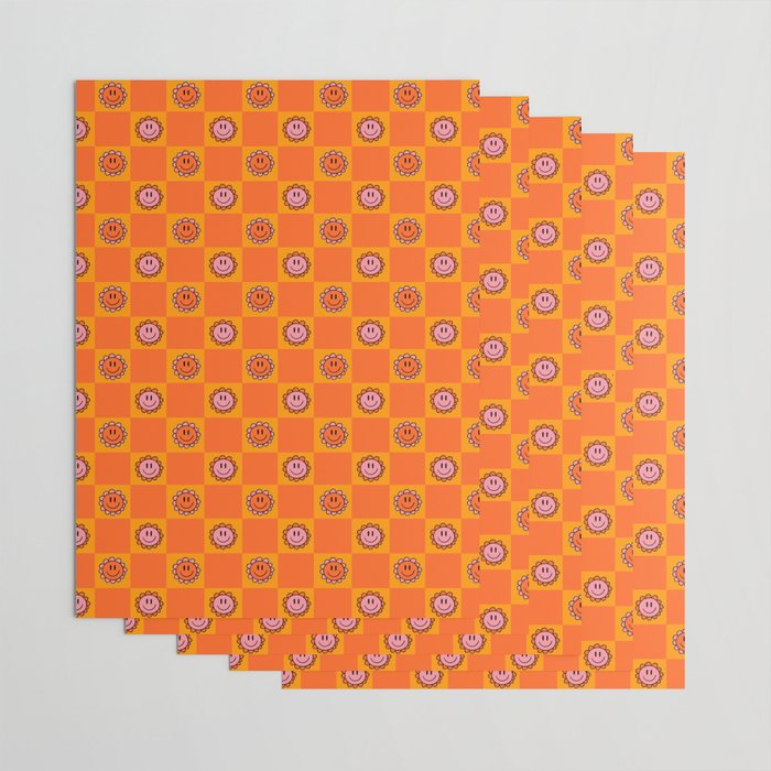 Orange Smiley Face Checkerboard Print Wrapping Paper Gallery Image 3
