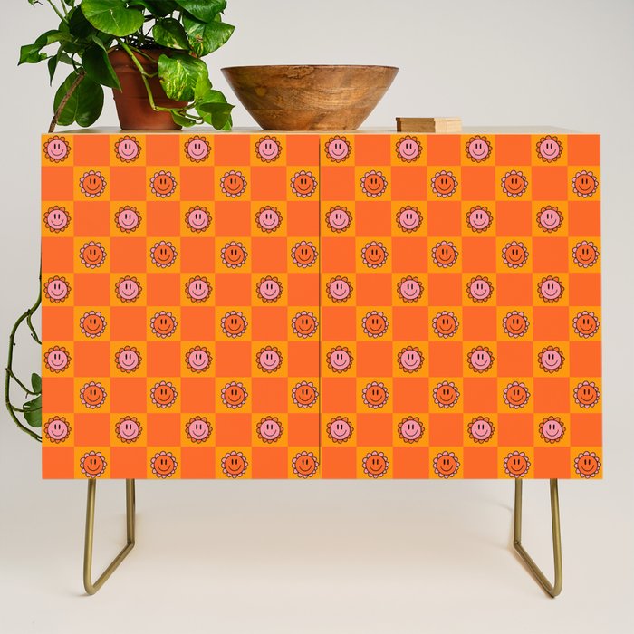 Orange Smiley Face Checkerboard Print Credenza Gallery Image 1