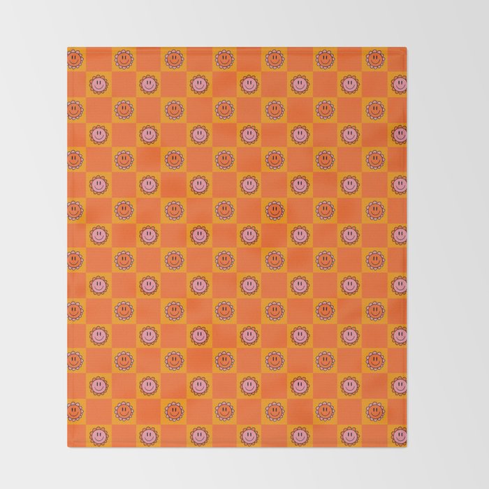 Orange Smiley Face Checkerboard Print Throw Blanket Gallery Image 2