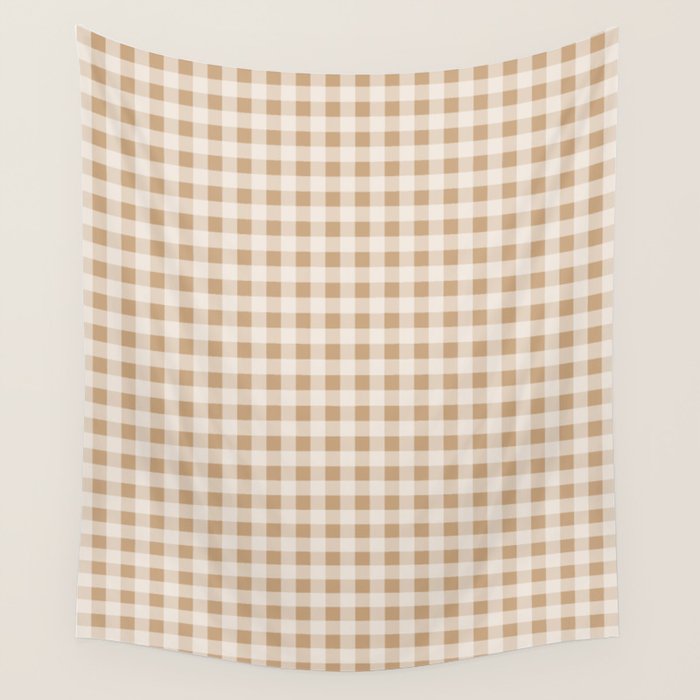 Gingham Plaid Check Pattern in Neutral Warm Camel Tan Beige Wall Tapestry Gallery Image 4