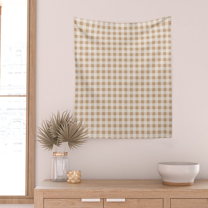 Gingham Plaid Check Pattern in Neutral Warm Camel Tan Beige Wall Tapestry Gallery Image 2