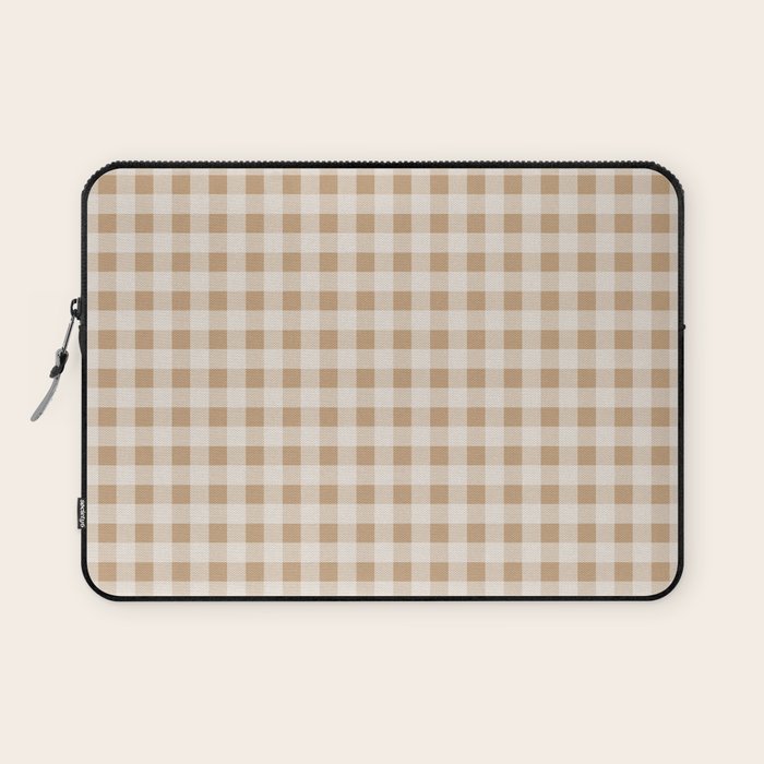 Gingham Plaid Check Pattern in Neutral Warm Camel Tan Beige Laptop Sleeve Gallery Image 1