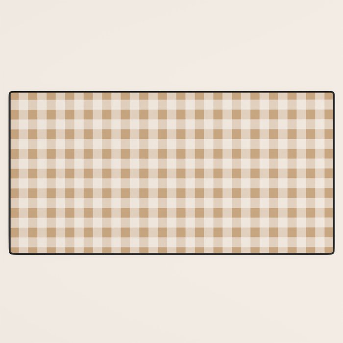 Gingham Plaid Check Pattern in Neutral Warm Camel Tan Beige Desk Mat Gallery Image 3