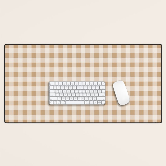 Gingham Plaid Check Pattern in Neutral Warm Camel Tan Beige Desk Mat Gallery Image 1