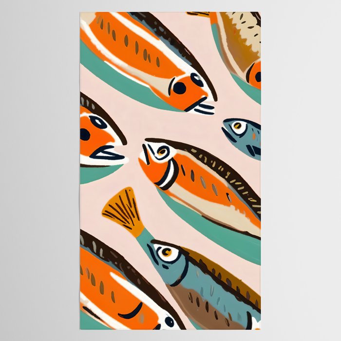 Sardines, Colorful Bohemian Eclectic Fish Animals, Ocean Life Seawater Quirky Whimsical, Pastel Illustration Painting Tablecloth Gallery Image 2