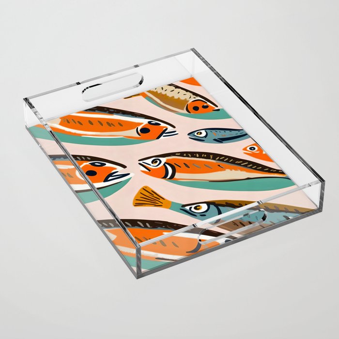 Sardines, Colorful Bohemian Eclectic Fish Animals, Ocean Life Seawater Quirky Whimsical, Pastel Illustration Painting Acrylic Tray Gallery Image 1