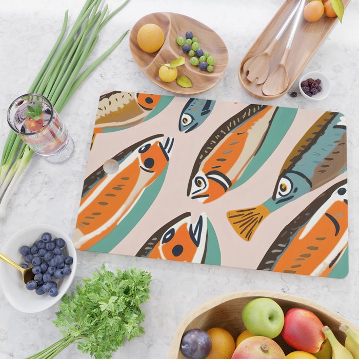 Sardines, Colorful Bohemian Eclectic Fish Animals, Ocean Life Seawater Quirky Whimsical, Pastel Illustration Painting Cutting Board Gallery Image 2