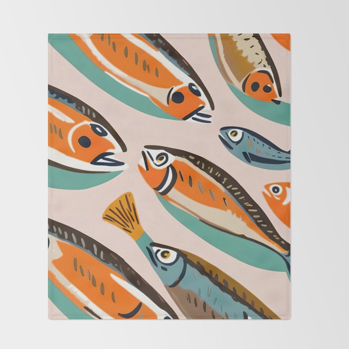 Sardines, Colorful Bohemian Eclectic Fish Animals, Ocean Life Seawater Quirky Whimsical, Pastel Illustration Painting Throw Blanket Gallery Image 2
